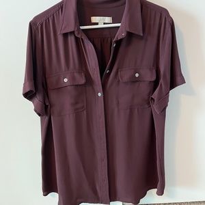 Ann Taylor Short Sleeve Button Down Blouse Maroon SZ XL